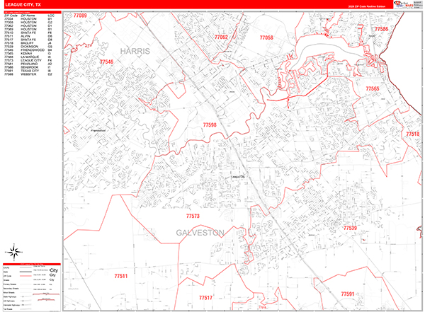 League City Zip Code Wall Map